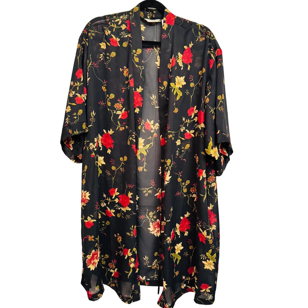 Secret Treasures Womens Large Floral Sheer Chiffon Kimono Robe Black